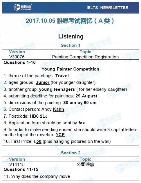 新航道2017.10.05雅思考试机经听力部分