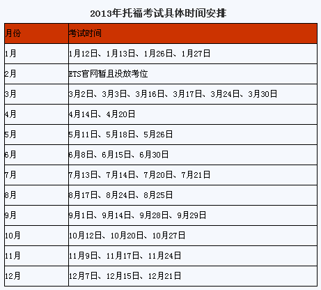 2013年托福考试时间表 2013年托福考试时间表