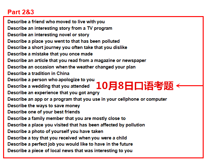 10月8日雅思考试口语原题目再现！！2