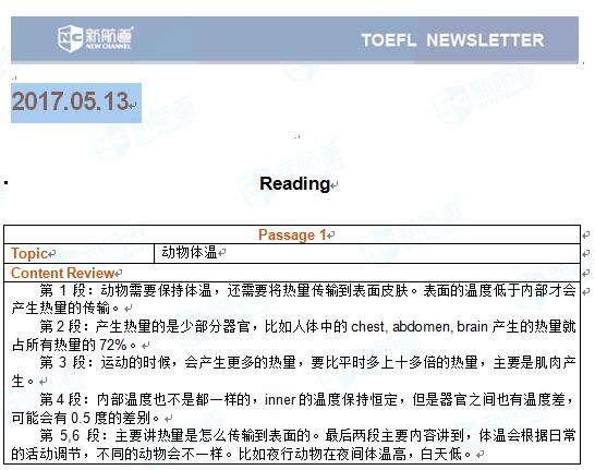 2017.05.13托福考试机经阅读部分Passage 1 动物体温