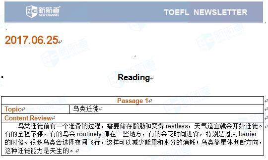 新航道2017.06.25托福考试机经阅读部分Passage 1 鸟类迁徙