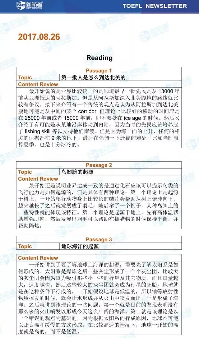 新航道8月26日托福考试机经阅读部分