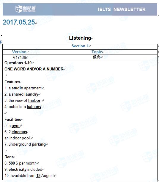 2017年5月25号雅思听力机经 Section 1 租房